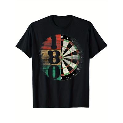 Men's Retro Dart Board 180 Pattern T-shirt, 80s Style T-shirt Printed T-shirt, Ideal Choice for Dart Enthusiasts