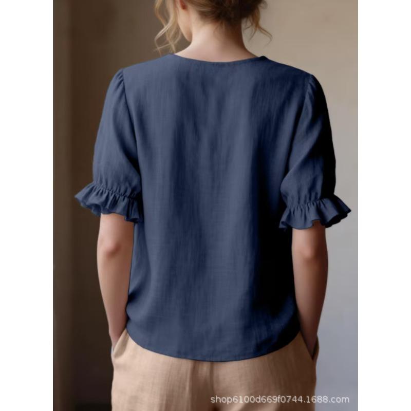 Women's Summer Solid Color Short Sleeve Shirt, Vintage Pullover Blouse
