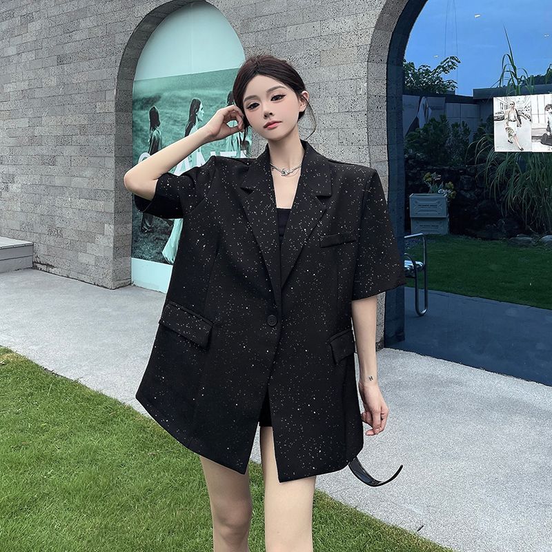 Women Summer Black Starry Sky Loose Padded Shoulder Sequined Short Sleeve Blazer Glittery Design Casual Fashion Outerwear Top