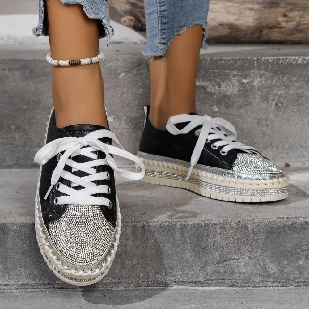 Women Shining Rhinestone Loafers Bowknot Slip-on Thick Botton Casual Ladies Crystal Shoes Female Platform Sneakers Sports