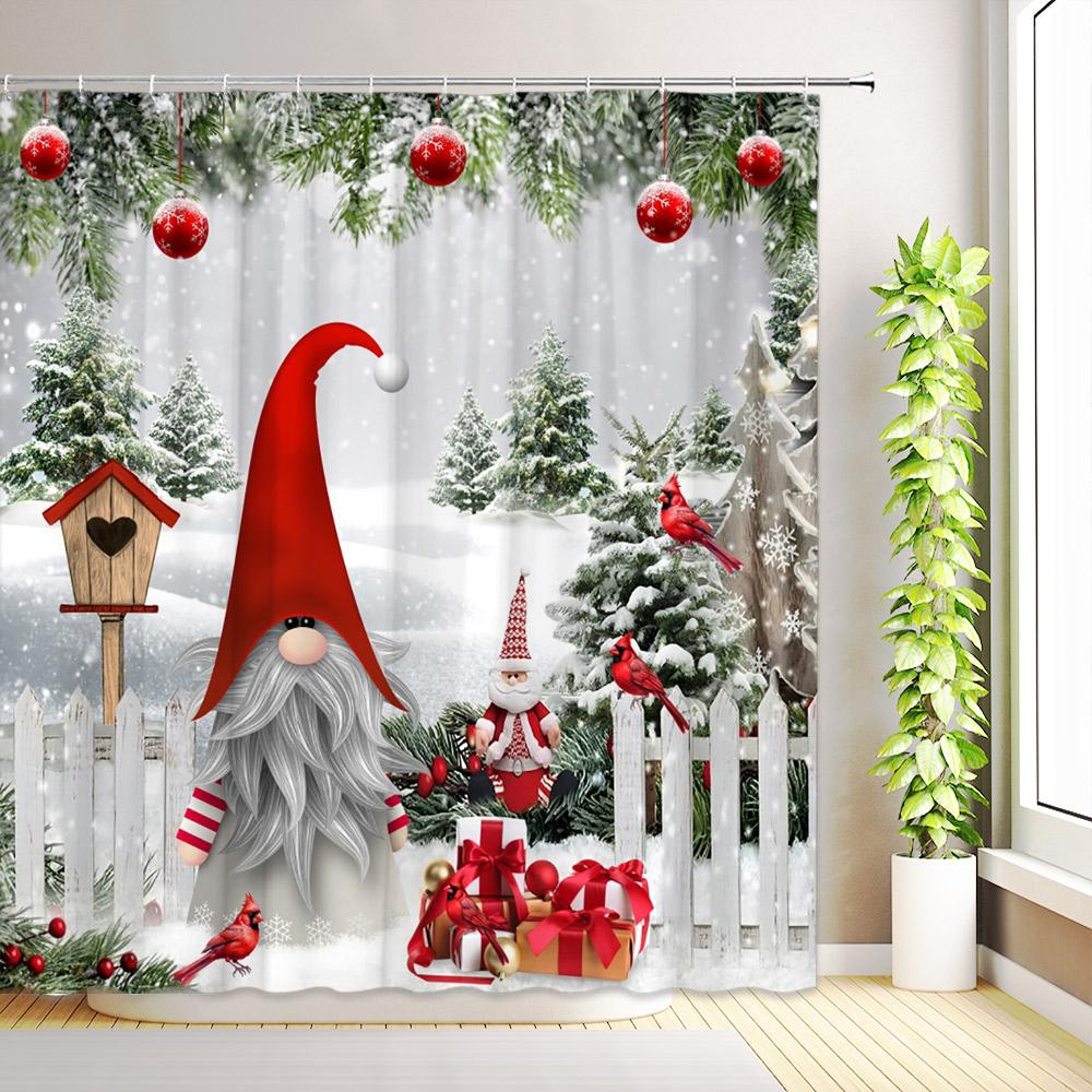 Christmas Shower Curtains Santa Claus Farmhouse Cabin Snowman Snowflakes Winter Gifts Xmas Holiday Bathroom Decor with Hooks