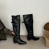 Korean version of retro niche belt buckle two wear pile boots women 2025 autumn and winter new thick heel pointed knee boots