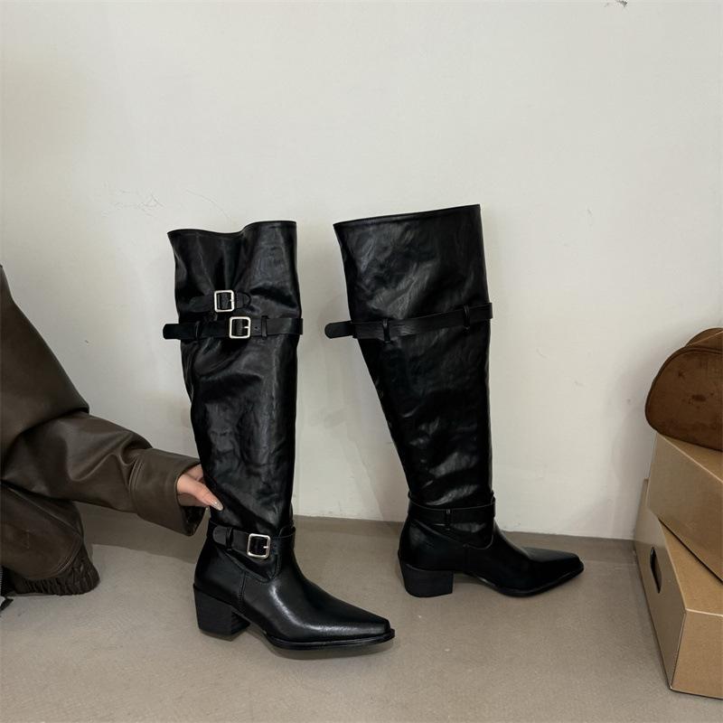 Korean version of retro niche belt buckle two wear pile boots women 2025 autumn and winter new thick heel pointed knee boots