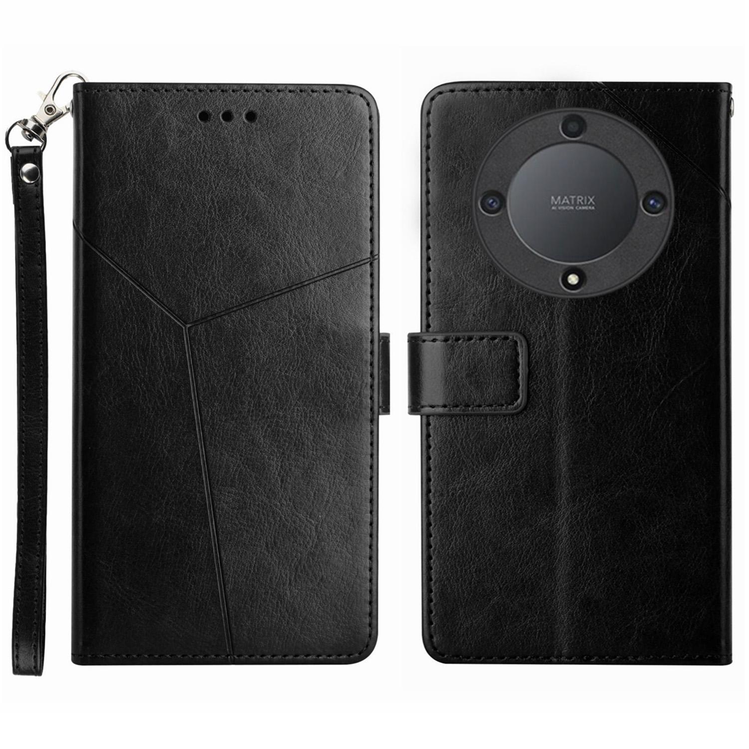 

HT01 For Honor Magic5 Lite 5G/X9a 5G Phone Leather Case Imprinted Y-shaped Line Stand Phone Wallet Cover Black