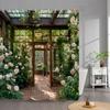 Outdoor Garden Poster Shower Curtain Vintage Window Wall Growing Floral Plants Polyester Fabric Shower Curtains Bathroom Decor