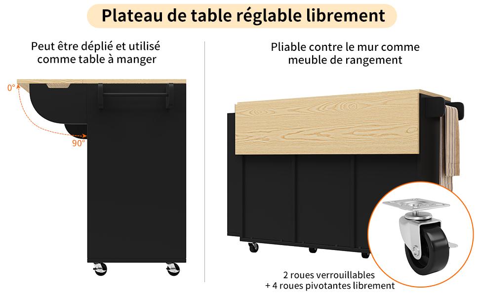 Mobile da Cucina, Carrello da Portata, Carrello da Cucina con Ruote, Piano di Lavoro, Portaspezie e Portasciugamani, Isola da Cucina con Ante Scorrevoli e Cassetti, Nero