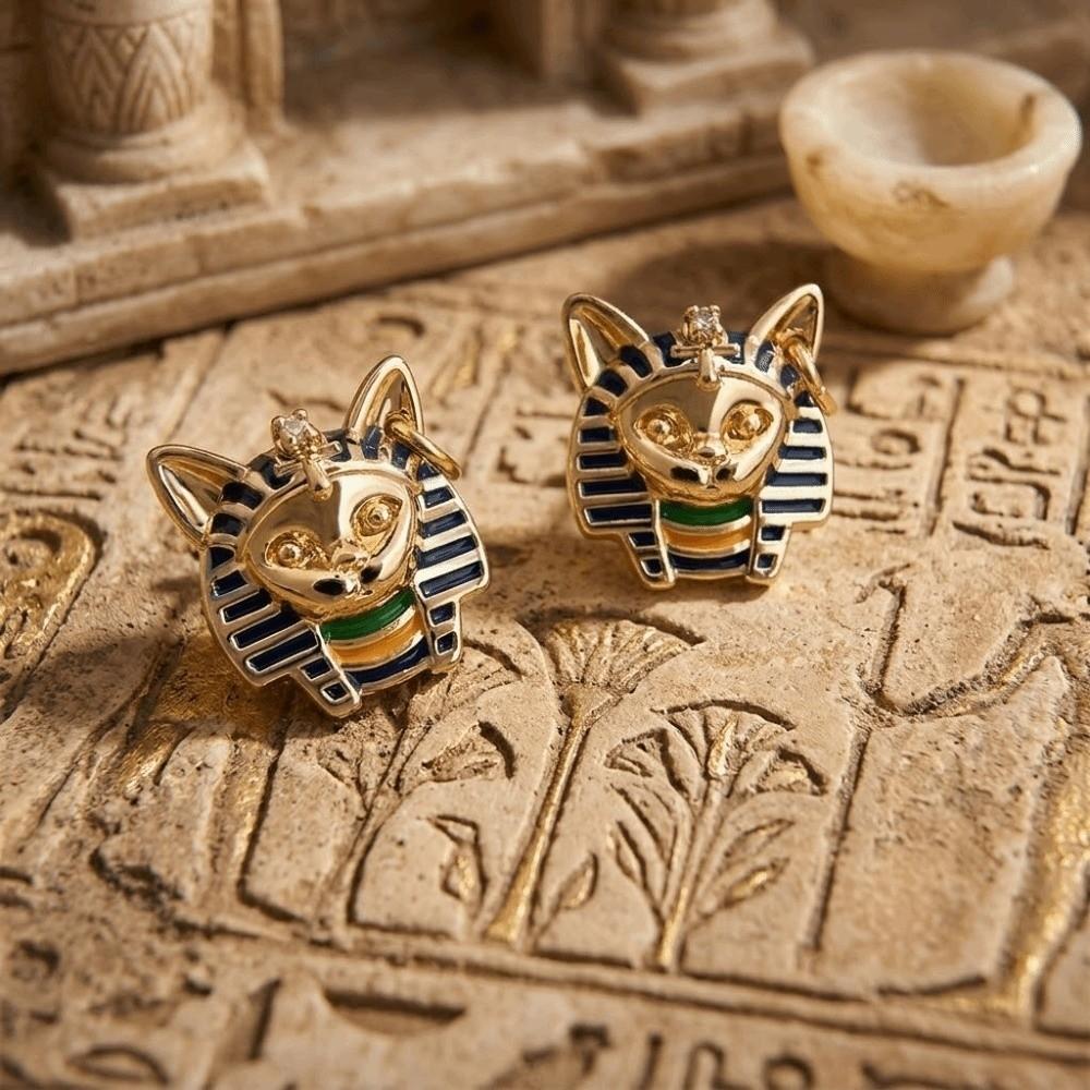 Enamel Egyptian Style Stud Earrings Unique Silver Ear Studs Fashionable Cat Pharaoh Earrings Girls