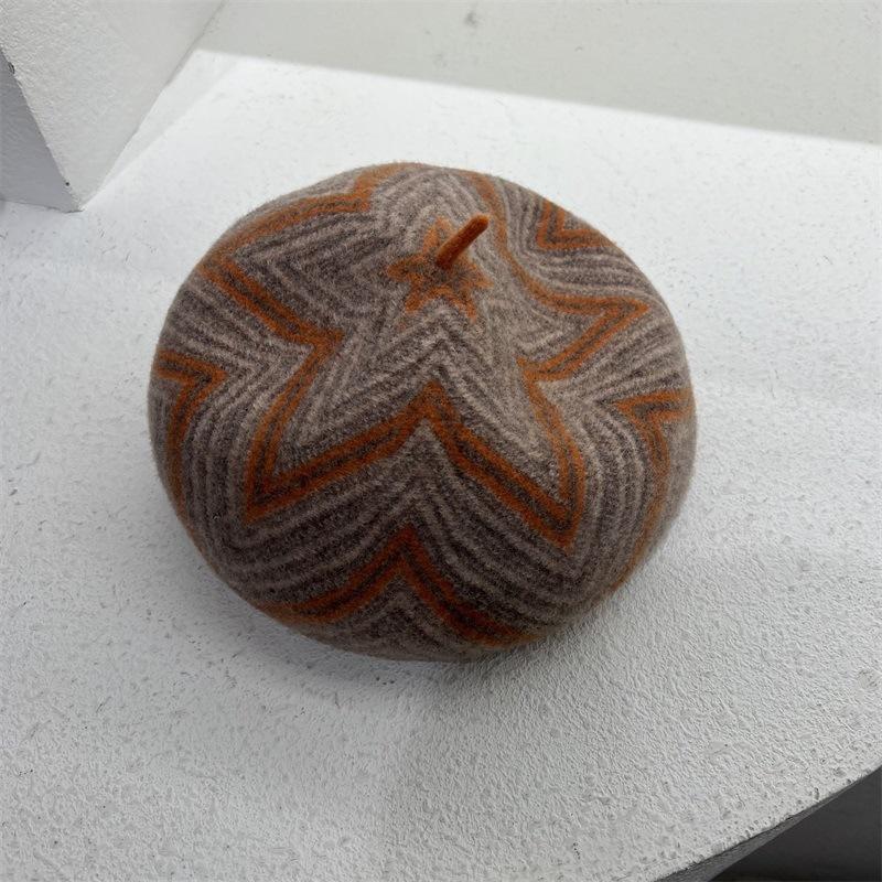 

Жаккардовый берет контрастного цвета, пятиугольный, детский, осенне-зимний, вязаная шапка из австралийской шерсти, шляпа литературного художника, шляпа стюардессы M（56-58cm） хаки