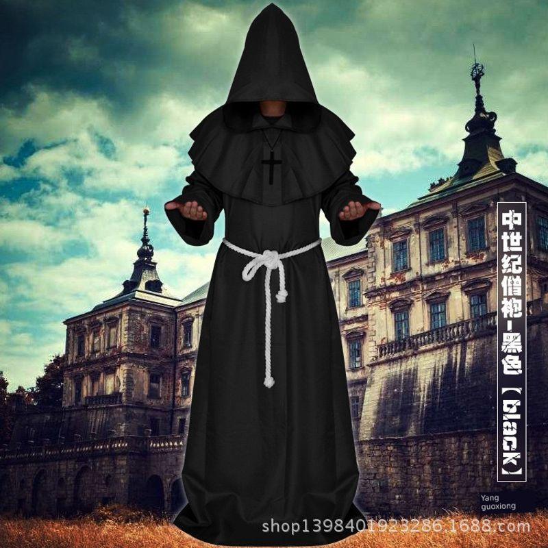 Mittelalterliches Mönchskostüm Zauberer Priester Cosplay Kostüm Neues Halloween Sensenmann Robe Cosplay Rollenspiel Kostüm