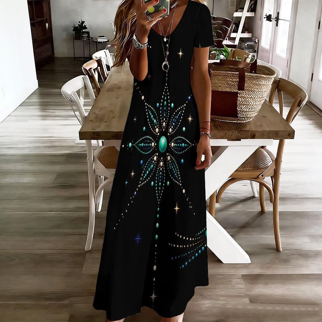 Women Plus Size V Neck Short Sleeve Black Gold Printed Straight Long Dress