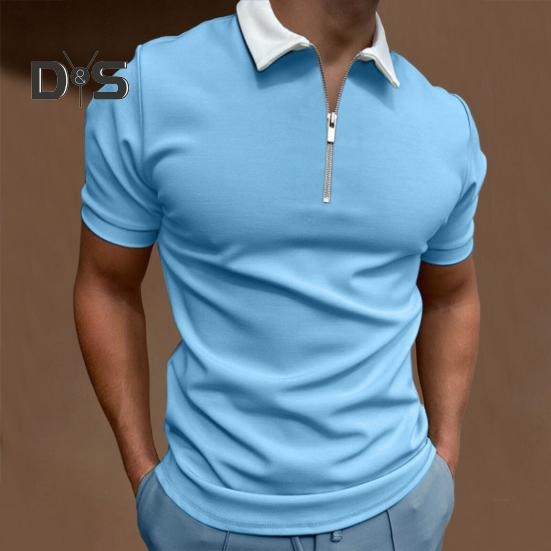 Pánské tričko s krátkým rukávem a zipem, jednobarevné, s klopou, ležérní, slim fit, letní top na dovolenou, do práce, sport