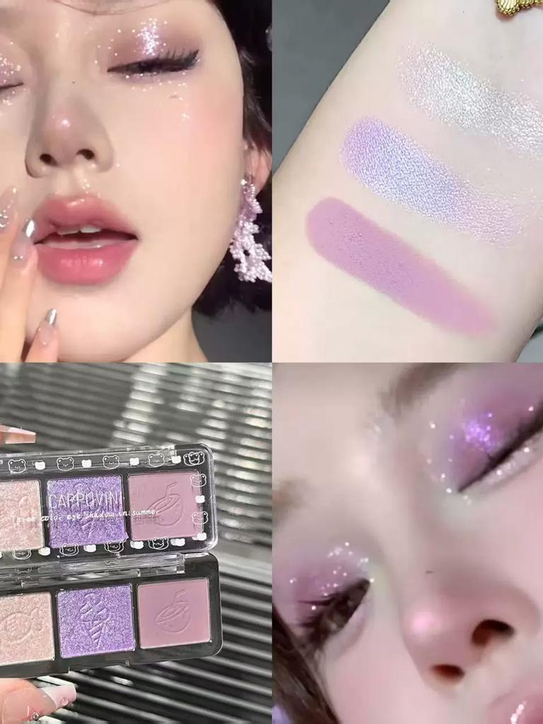 New Three-Color Eye Shadow Plate Rose Ice Grape Pink Purple Sequin Pearl Brightening Student White Glitter Portable