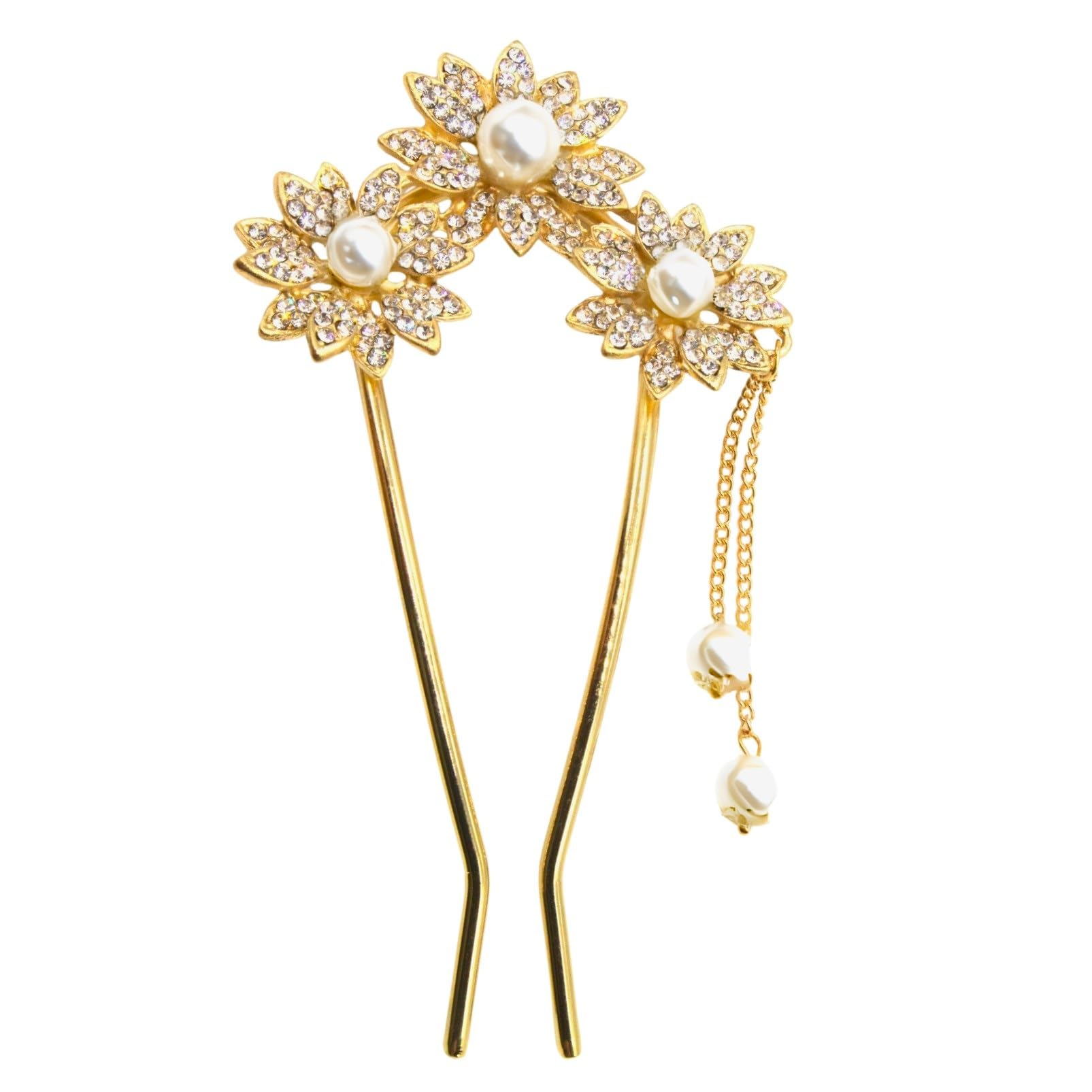 [Miaomyao] Kanzashi U-shaped Hair Ornament for Japanese Clothing, Yukata, Kimono, Pearl, Antique Flower Hair Comb, Hair Accessory (Gold)