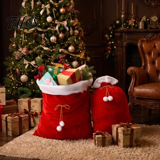 Holiday Party Gift Bags Christmas Velvet Santa Bags, Large Red Soft Fabric Present Sack Flannel Carriers with Drawstring Closure, Reusable Claus