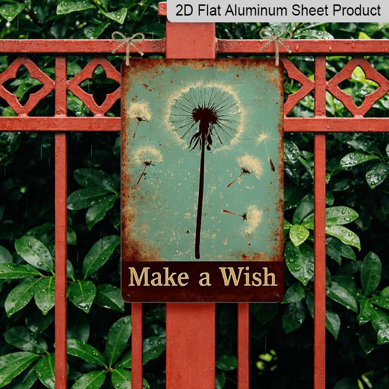 2D Flat, 1pc Vintage "Make A Wish" Dandelion Aluminium Sign - 8"x12" Rustic Floral & Whimsical Decor, Dreamy Dandelion Wall Art, Perfect Gift for