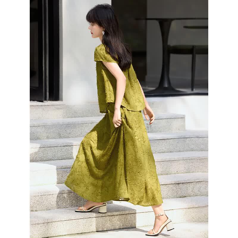 French Summer Fringe Texture Floral Top & Skirt Set