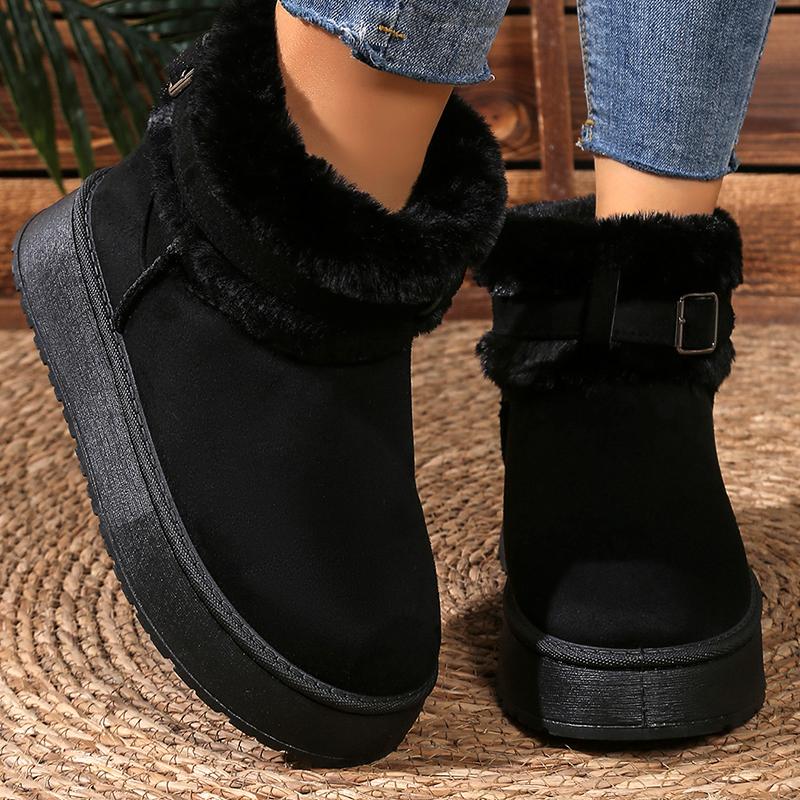 Fashion Buckle Faux Fur Winter Ankle Boots Women Cotton Padded Thicken Plush Snow Boots Comfort Thick Sole Non Slip Platform Casual Shoe