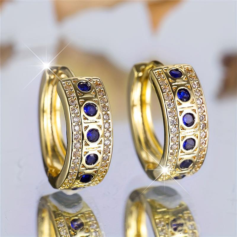 Huitan Noble Women Gold Color Hoop Earrings Inlaid Shiny Blue CZ Bohemian Style Party Lady Accessories Gentle Fashion Jewelry
