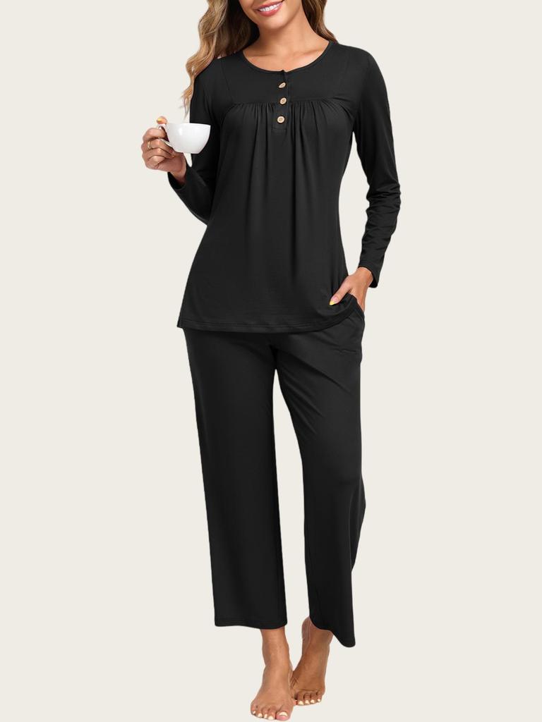 European & American Women's Fashion: Autumn 2025 2-Piece Pajama Set – Casual Long Sleeve Top & Pants with Pockets