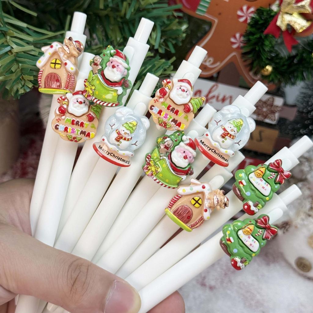 10Pcs Creative White Christmas Shape Patch Press Ballpoint Pen Cartoon Press Pen Holiday Gift Novelty Stationery Teacher Party Favors Back To School