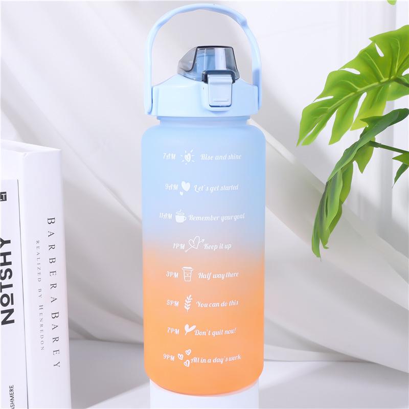 2000ml Frosted Gradient Sports Water Bottle with Handle & Straw, Large Capacity Plastic Cup
