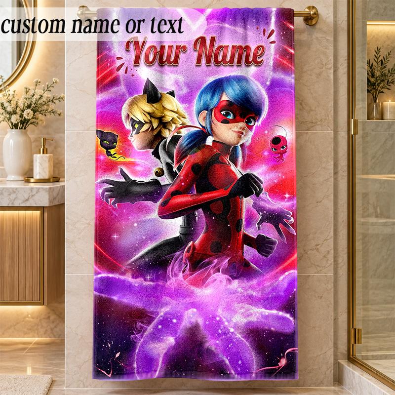 Beach TowelMiraculous Ladybug Custom Name Text Personalized Soft Towel for Beach Pool Indoor Home Decor Gift