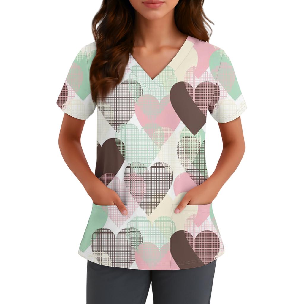 Women's Cute Bow Printed Work Clothes V-neck Double Layer Pockets Basic Short Sleeve Top Pullover