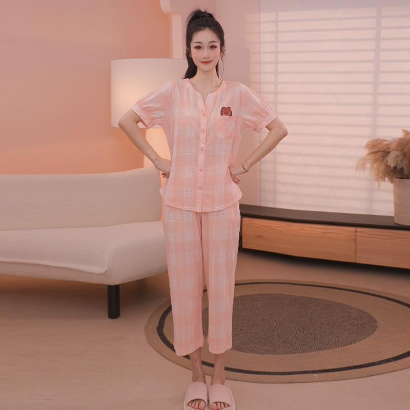 Fenteng [100% Xinjiang Cotton] Brown Bear Thin Cotton Silk Pajama Set for Women