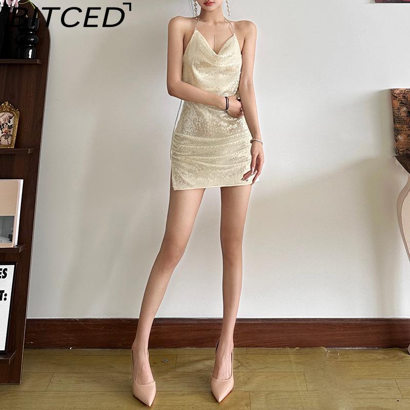 BITCED Fall Women's Solid-Color Slim-Fit High-Waisted Streetwear Halter Backless Dress