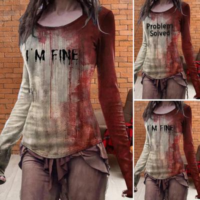 Halloween T-Shirt für Damen, Rundhalsausschnitt, Langarm, Horror-Shirt, Blut-Print, Sweatshirt, Halloween, leichtes Slim Fit, Sport-Tops