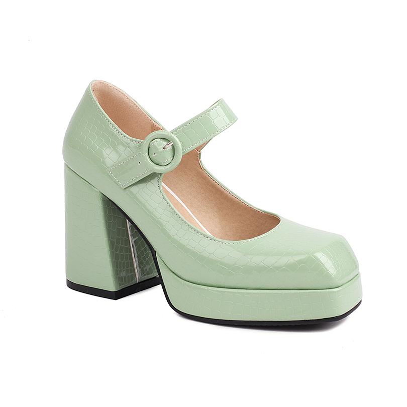 Plus Size Gingham Glossy Patent Leather Material Shallow Round Buckle Women's Pumps Square Toe Platform Thick Heel High Heels