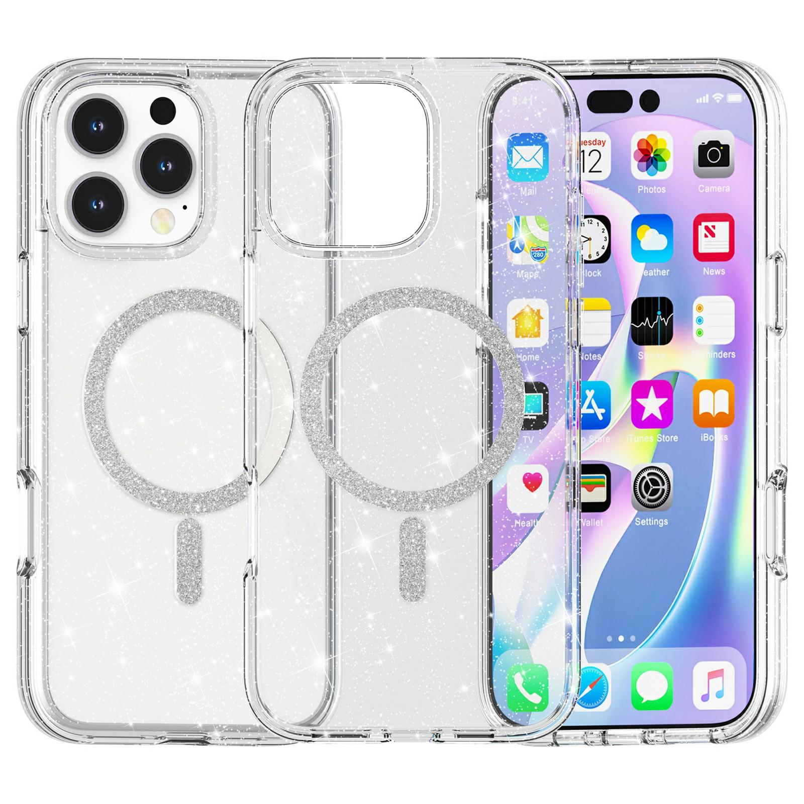 

For iPhone 16 Pro Phone Case Compatible with MagSafe Glitter PC+TPU Hybrid Shockproof Cover White