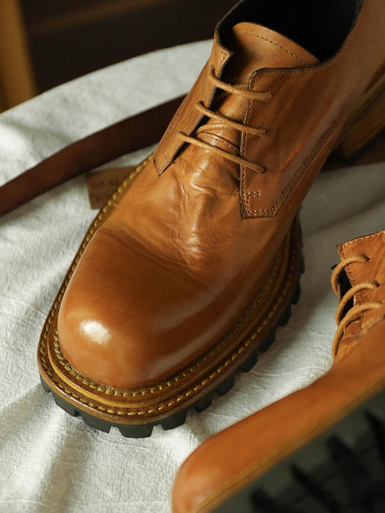 British Square Head Horsehide Retro  Low-top Leather Shoes Trend Thick Bottom Goodyear Leather Bottom Men's Shoes