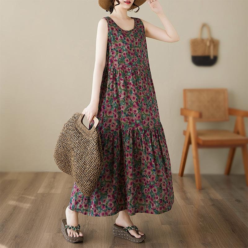 Dimanaf Abito Taglie Forti Estivo Donna Vintage Lino Stile Elegante Senza Maniche Floreale Ampio Nuovo Abito Lungo 8028