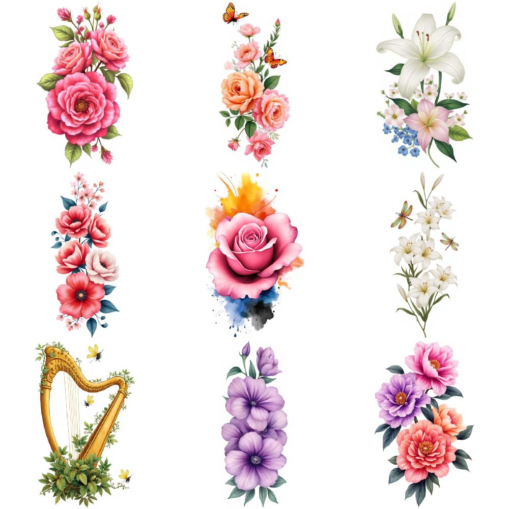 

9pcs Temporary Tattoo Waterproof Long-lasting Body Stickers Butterfly And Flowers Sunflowers With Harp Pink Rose With Splash For