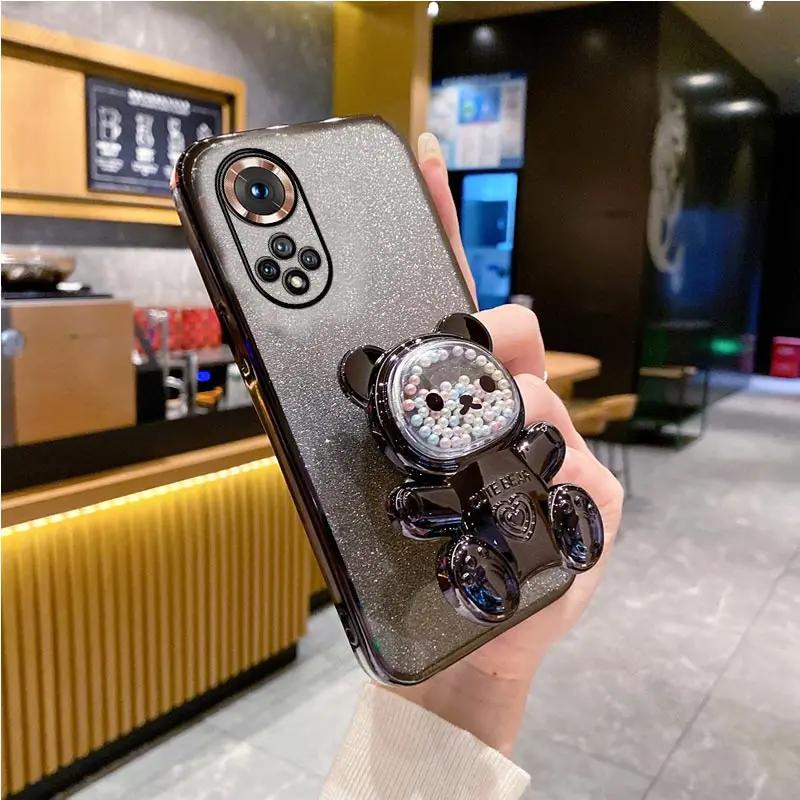 Honor90 Lite Cute Bear Holder Bracket Glitter Plating Case On for Huawei Honor 90 Lite 50 70 80 60 Pro Gt Se 90pro Stand Cover