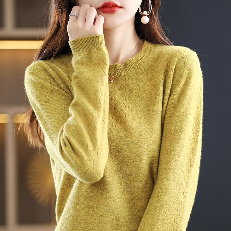Women's Pure Wool Hollow Knit Round Neck Sweater - Stylish Autumn & Winter Pullover