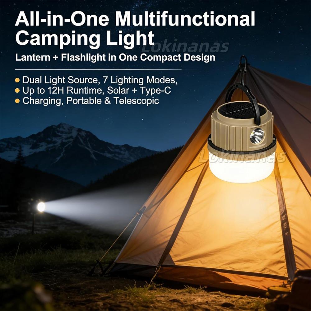 Multifunctional Camping Light, Retractable Camping Light, Portable Ultralight Rechargeable Ambient Pendant Light, Solar Powered.