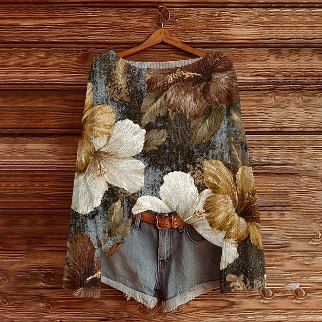 Women's Lightweight Sweater Casual Long Sleeve Knitted Vintage Floral Print Pullover