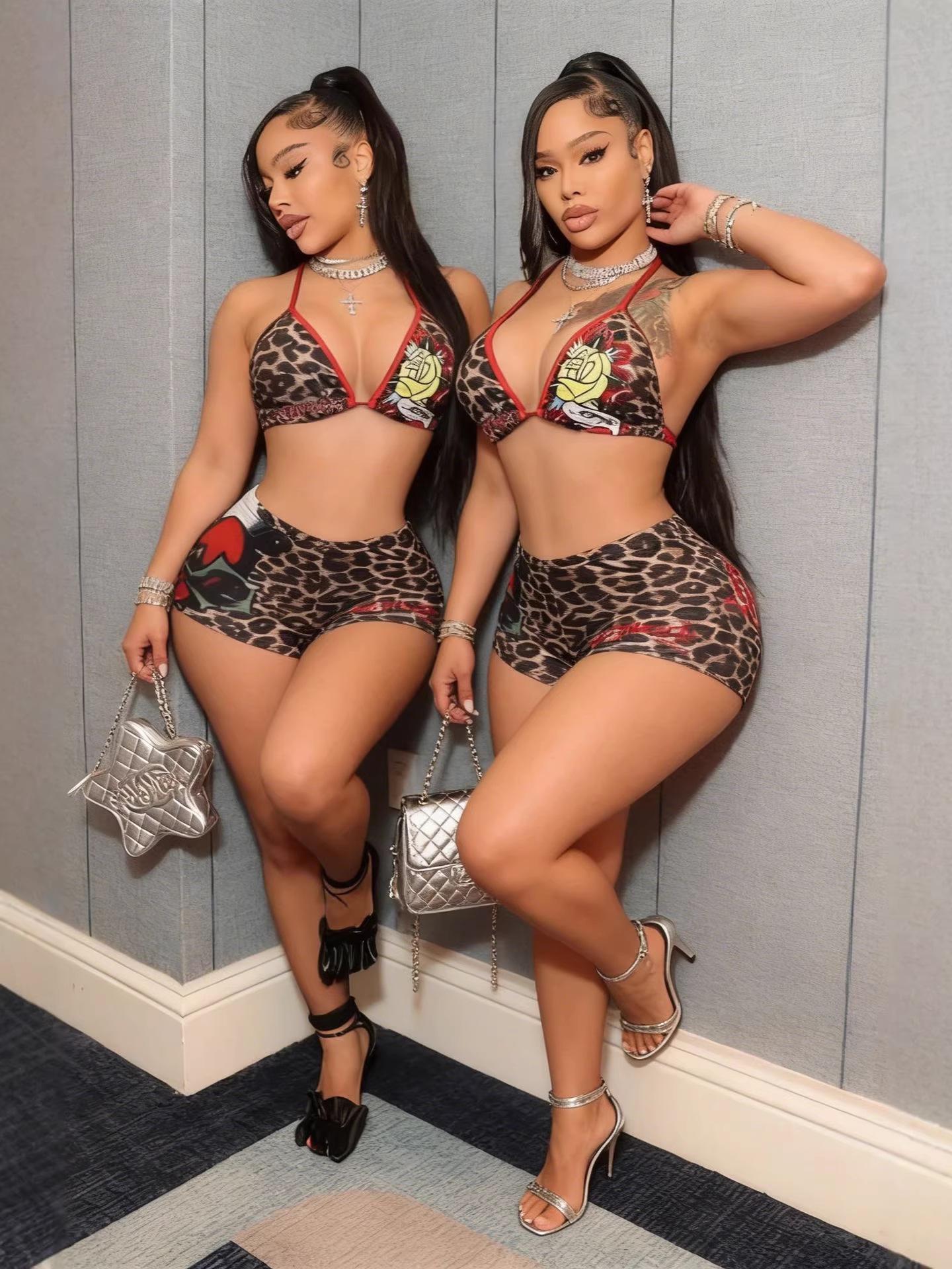 Leopard Print Rose Halter Two-Piece Set: Sexy Nightclub Style Shorts Set XL