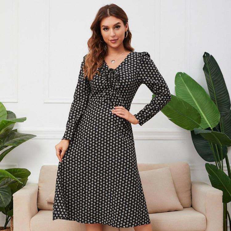 

Шикарное длинное платье с цветочным принтом для женщин, осень-зима, V-образный вырез, длинный рукав, завязка на талии, размеры S XL S