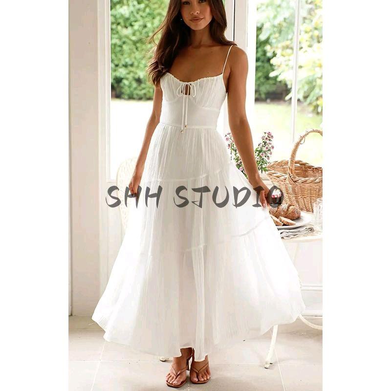 Spring New Women's Clothing Seaside Vacation Style Silm V Neck Backless High Waist A- Line Mini Sling Dress