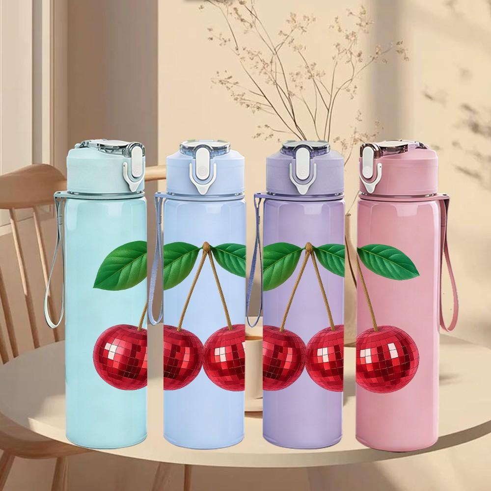1PC Fresh Cherry Fruit 750ml Color Plastic Sports Water Bottle Leakproof Flip Straw Lid Suitable for Sports Office Home Use