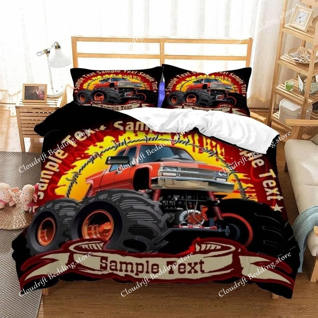 Racing themed bedding 3D printed cartoon monster truck pattern, soft down anti allergy down duvet cover, adult bedding set, teen