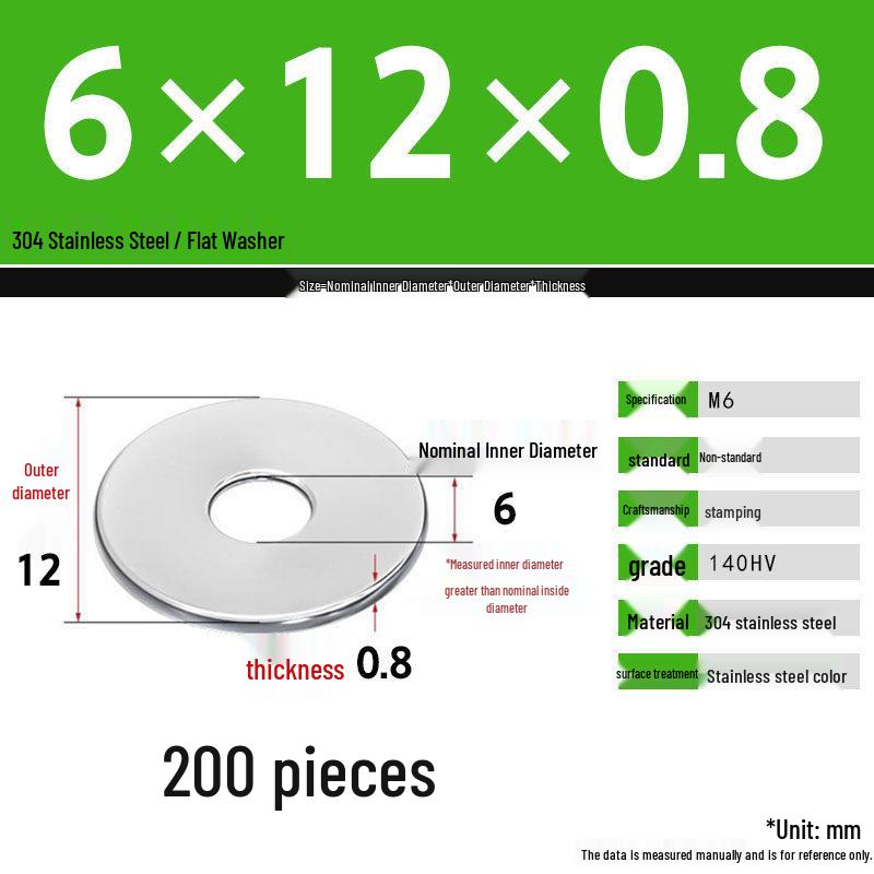 304 Stainless Steel Thickened Flat Washer Set, Sizes 2-36