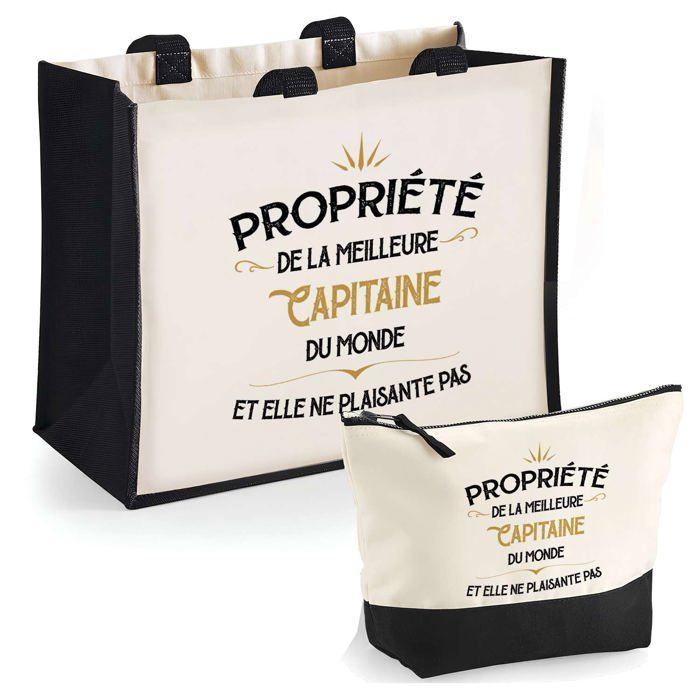 Duo cabas jute et trousse Propriété de la meilleure Capitaine Cadeau Anniversaire Noël | Sac de courses Pochette Maquillage Shopping