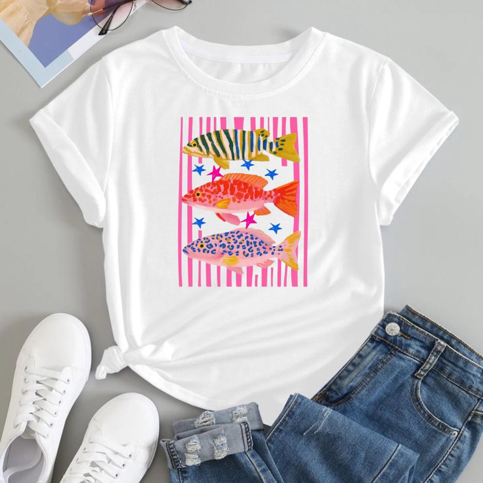 Retro Colorful Fish Graphic T-shirt T-shirt Aesthetic Summer Fish Themed T-Top 4XL