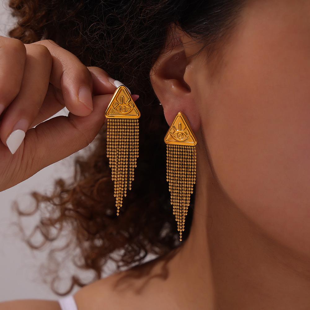 Design Female Hip-Hop Personality Trend Titanium Steel Plated 18K Gold Geometric Devil'S Eye Fringed Earrings Set