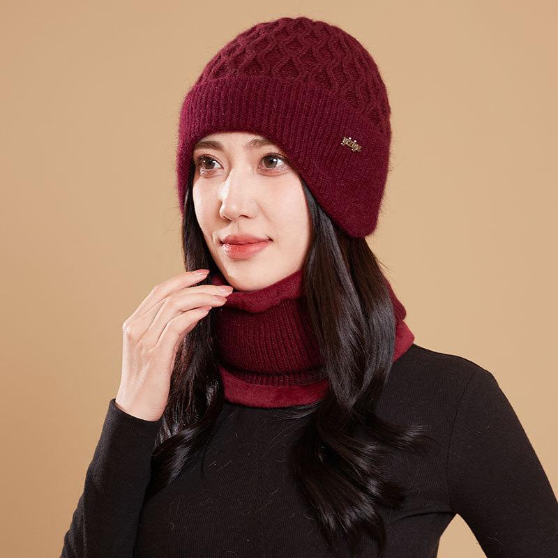 

Middle-aged rabbit fur ear protection knitted hat women s velvet mother warm wool hat grandma cold-proof scarf cover hat separate hat (without scarf)