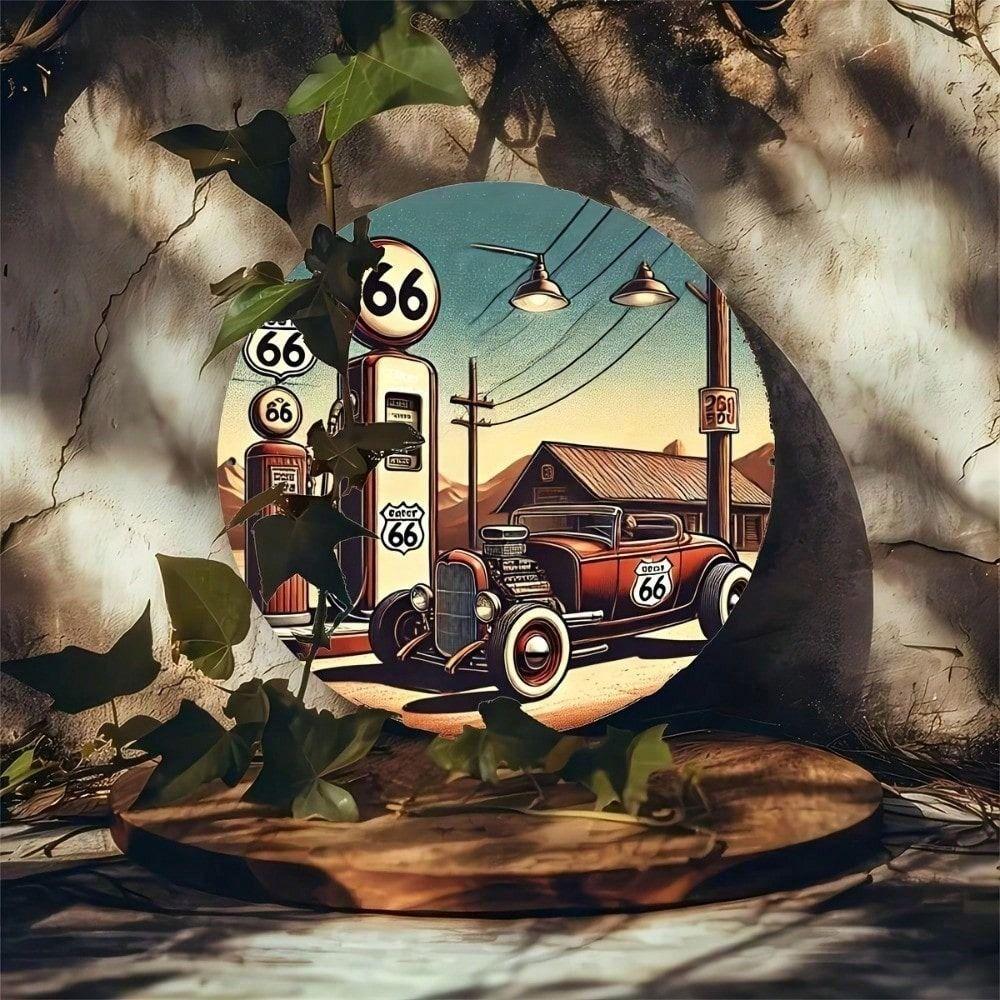 Round Metal Sign Retro Gas Station Route 66 Wall Art Garage Decor